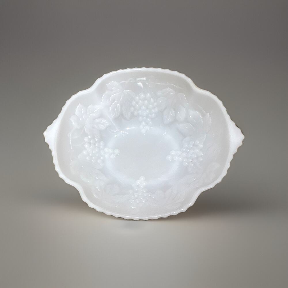 White Milk Glass Round Decorative Bowl Embossed Grape & Leaf Pattern